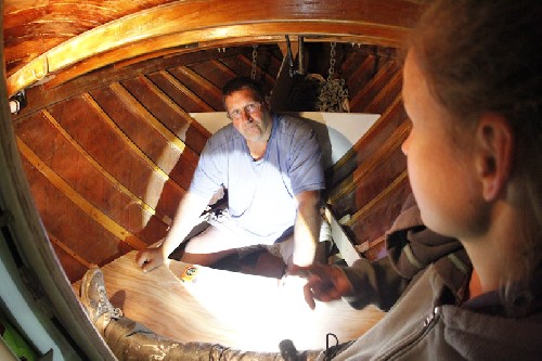 Terry and Jess working on a floor for the forepeak area