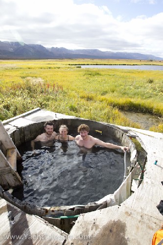 Soaking in the barrel filled with natural hot-spring water - lovely