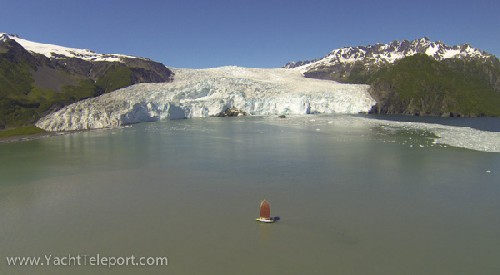 Drone view of Teleport in front of Aialik Glacier