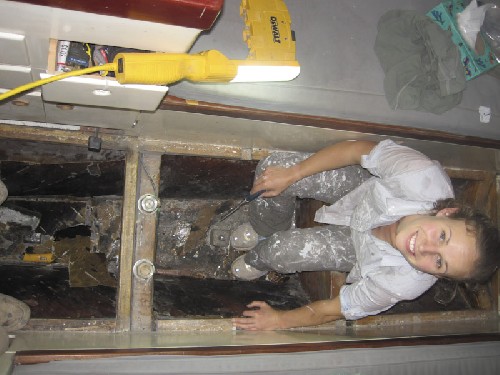 Chiselling out all the dodgy fibreglass in the bilge at 2 AM